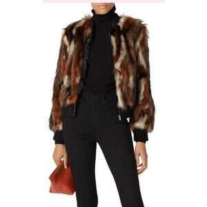 Cupcakes and Cashmere brown Faux Fur Petras Patchwork Bomber Jacket M NWT